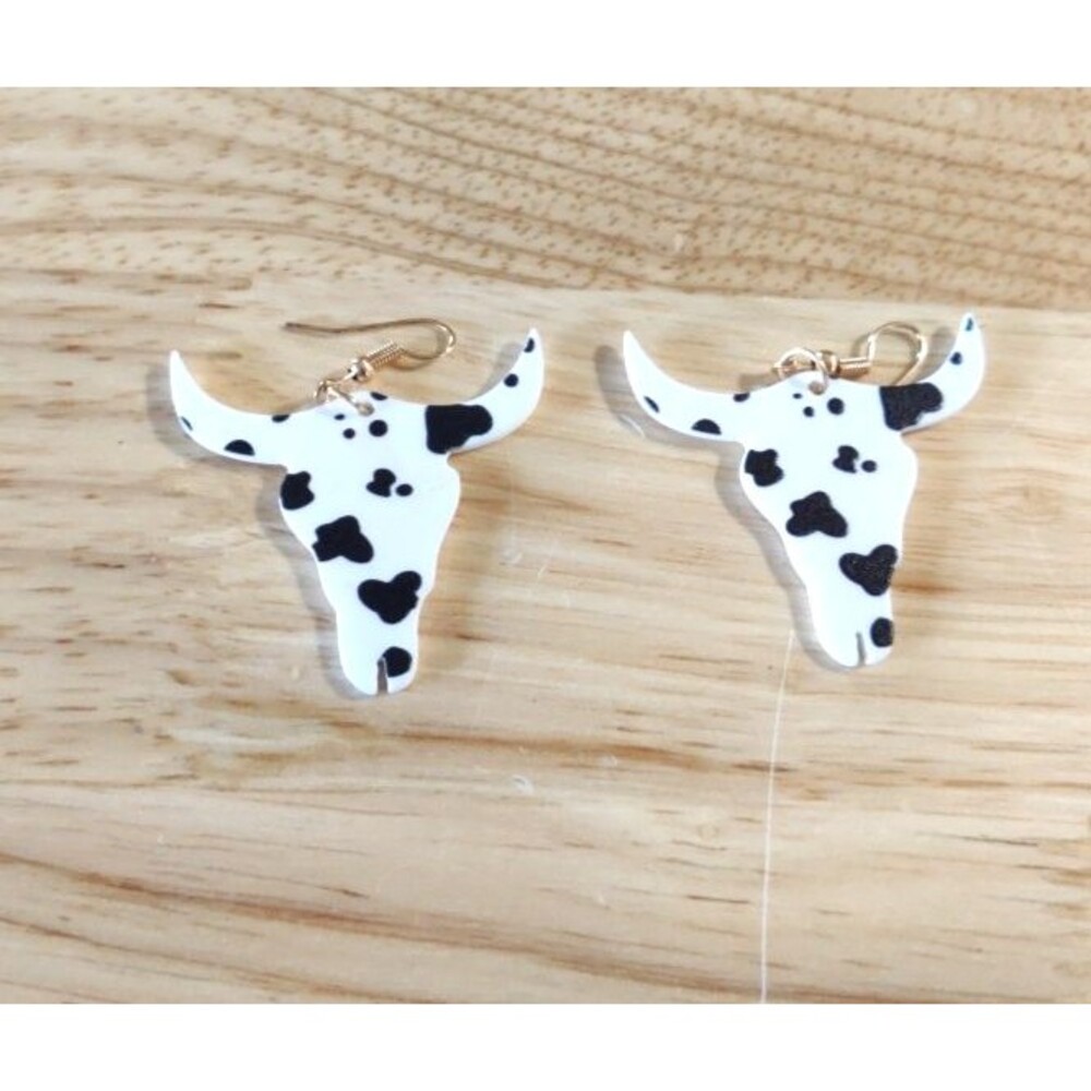 Vintage Cow Earrings Hook Drop Longhorn Steer Black White Western Farm Boho - Picture 3 of 4